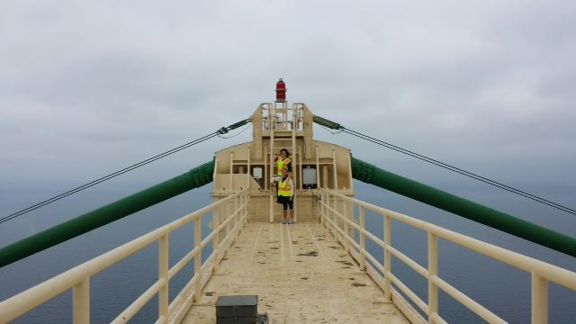Katharine and I on the west side of the south tower. Such a beautiful bridge, with its color and symmetry. Todd explained to us that the thick "pipes" off to the sides are actually solid cables. Incredible.